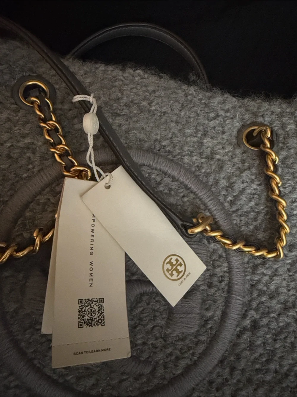 Tory Burch Gray Pebbled Wool Logo Tote with Gold-Tone Accents